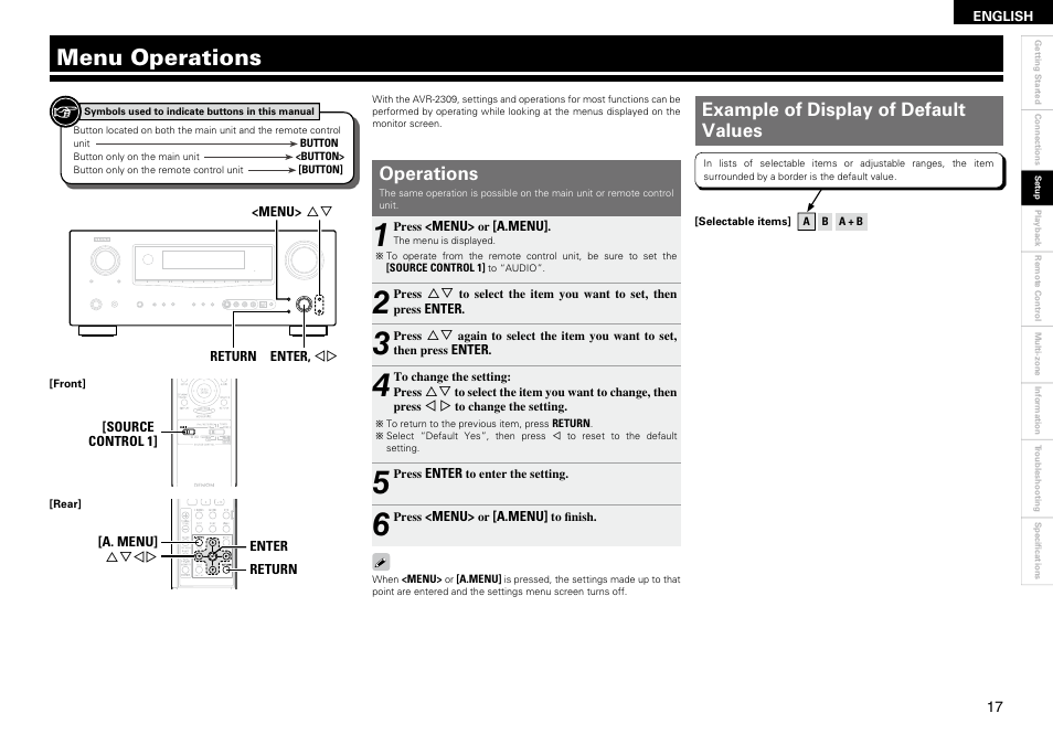Menu operations, Operations, Example of display of default values | Denon AVR-2309 User Manual | Page 21 / 81
