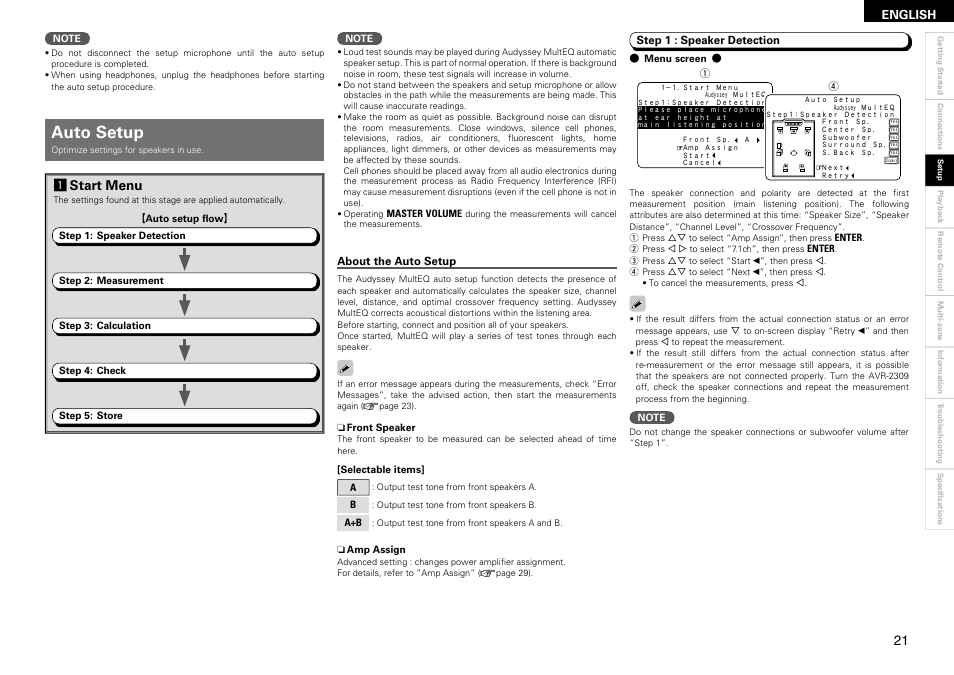 Auto setup, Astart menu | Denon AVR-2309 User Manual | Page 25 / 81