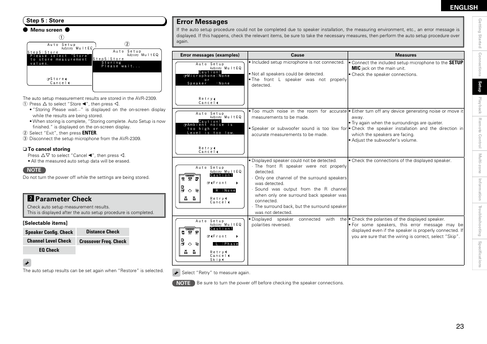 Error messages, Sparameter check, English | Denon AVR-2309 User Manual | Page 27 / 81