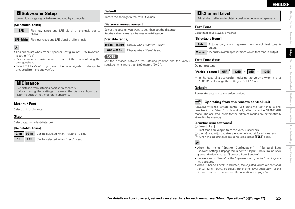 Ssubwoofer setup, Ddistance, Fchannel level | Denon AVR-2309 User Manual | Page 29 / 81