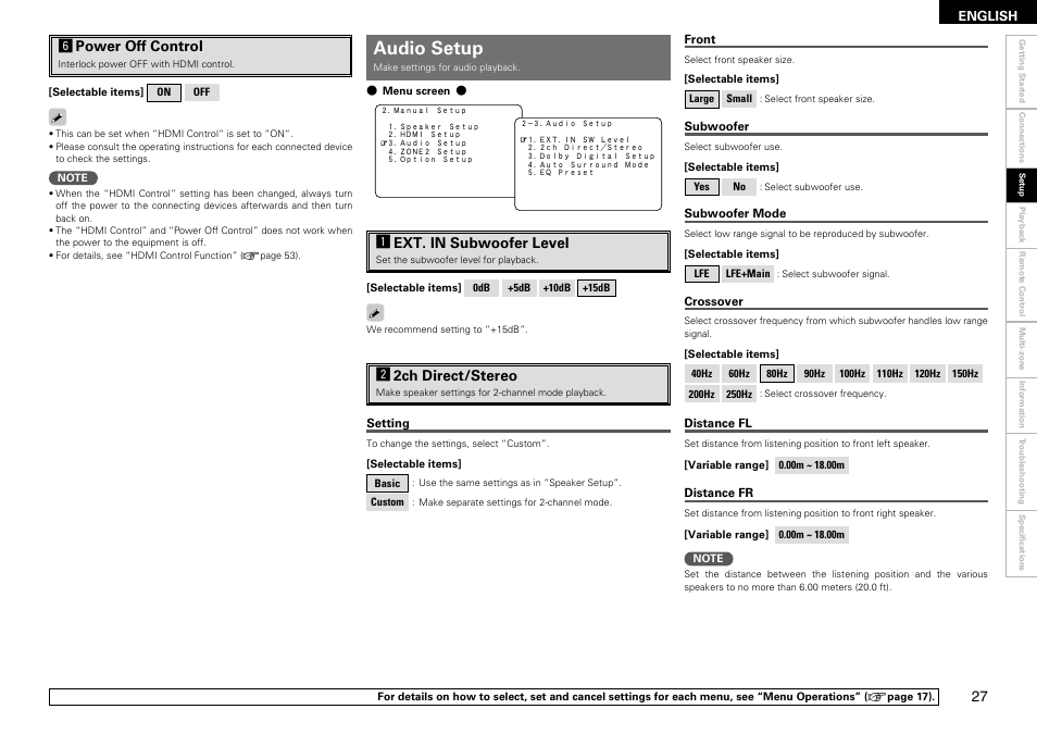 Audio setup, Hpower off control, S2ch direct/stereo | Aext. in subwoofer level | Denon AVR-2309 User Manual | Page 31 / 81