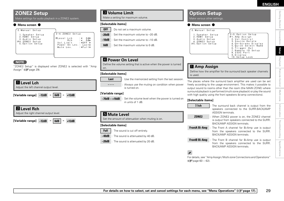 Zone2 setup, Option setup, Alevel lch | Slevel rch, Fpower on level, Gmute level, Amp assign, Dvolume limit | Denon AVR-2309 User Manual | Page 33 / 81