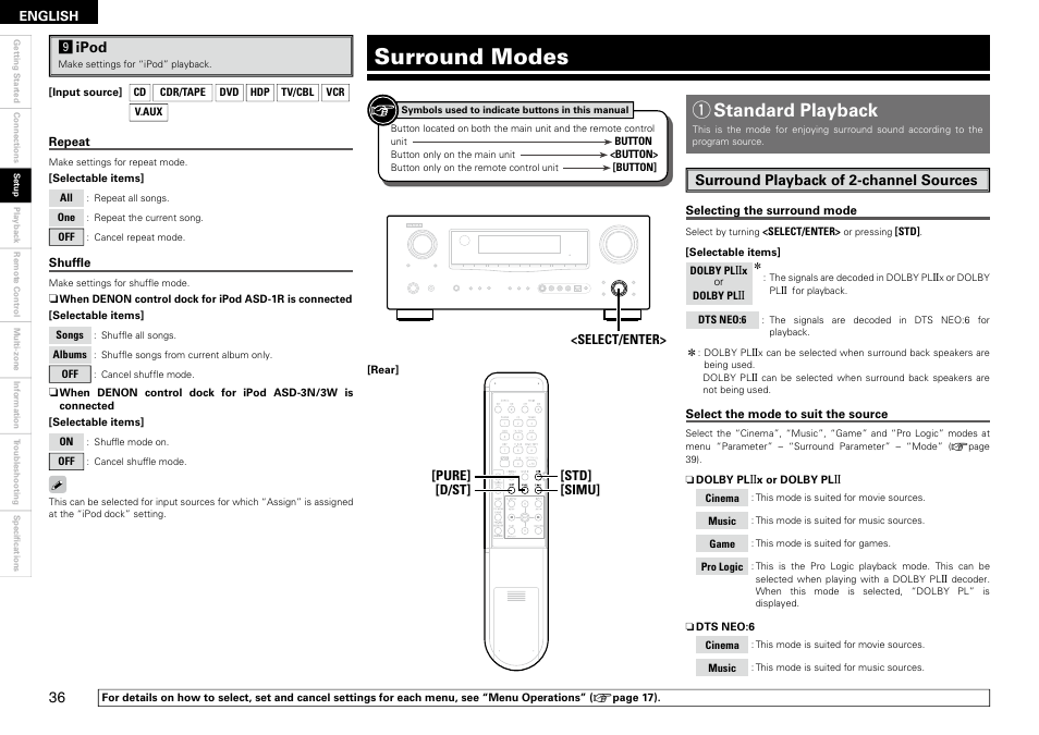 Surround modes, Qstandard playback | Denon AVR-2309 User Manual | Page 40 / 81