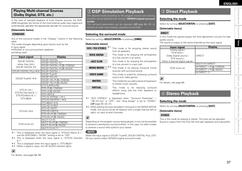 Wdsp simulation playback, Direct playback, Stereo playback | Denon AVR-2309 User Manual | Page 41 / 81