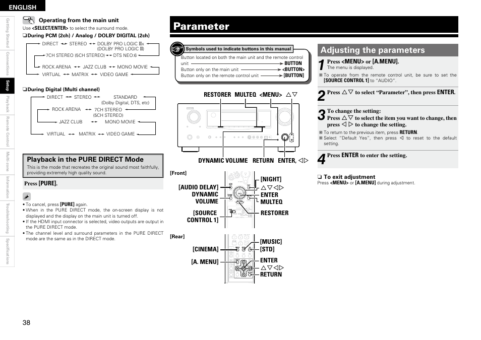 Parameter, Adjusting the parameters | Denon AVR-2309 User Manual | Page 42 / 81