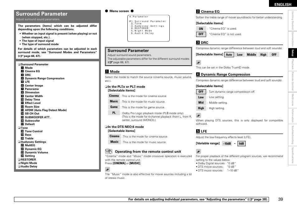 Surround parameter | Denon AVR-2309 User Manual | Page 43 / 81