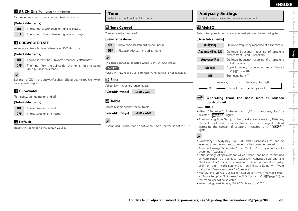 Tone, Audyssey settings | Denon AVR-2309 User Manual | Page 45 / 81