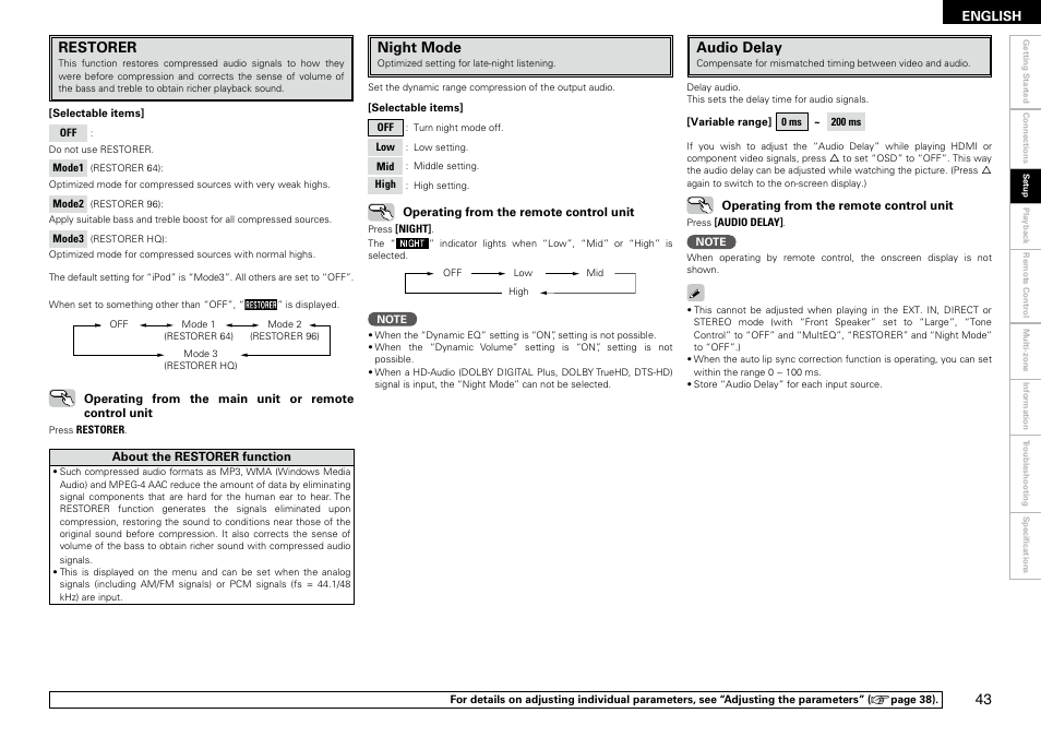 Restorer, Night mode, Audio delay | Denon AVR-2309 User Manual | Page 47 / 81