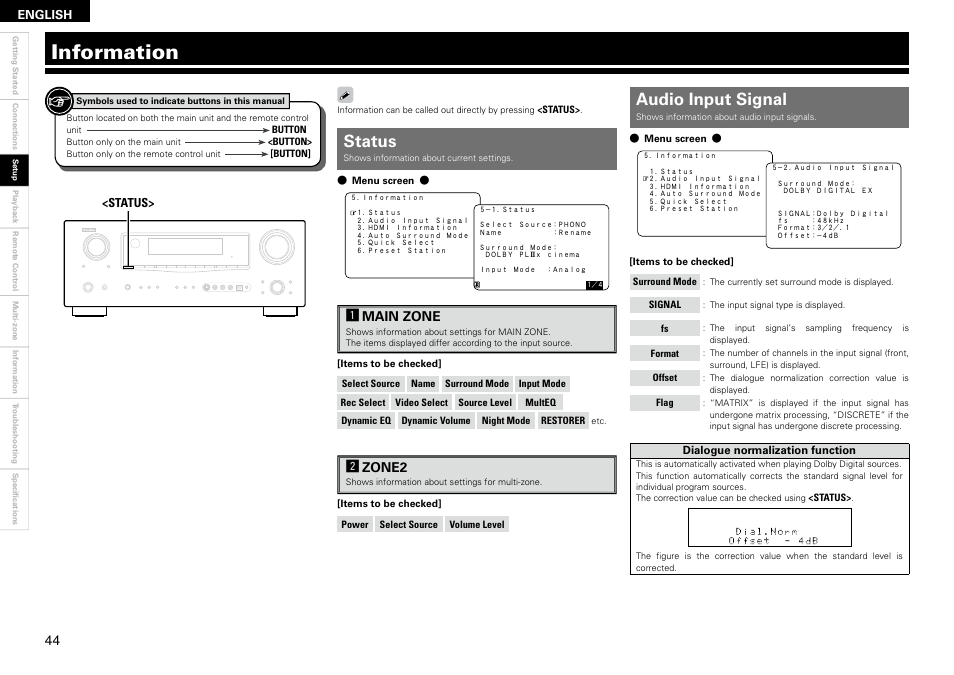 Information, Status, Audio input signal | Amain zone, Szone2 | Denon AVR-2309 User Manual | Page 48 / 81