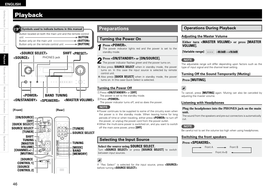 Playback, Preparations | Denon AVR-2309 User Manual | Page 50 / 81