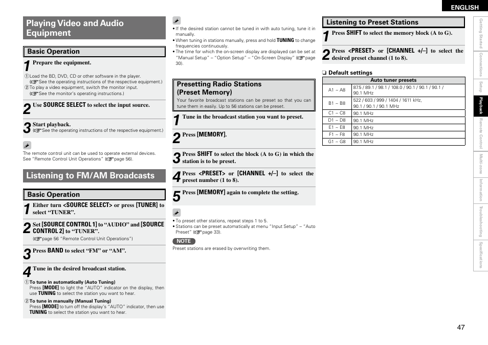 Listening to fm/am broadcasts, Playing video and audio equipment | Denon AVR-2309 User Manual | Page 51 / 81