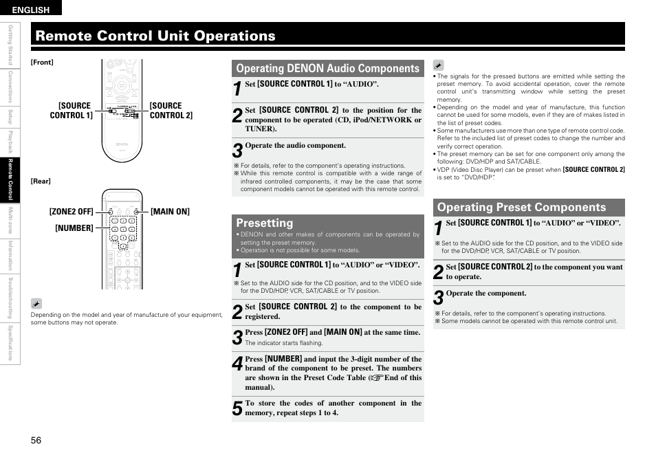 Remote control unit operations, Operating denon audio components presetting, Operating preset components | Denon AVR-2309 User Manual | Page 60 / 81