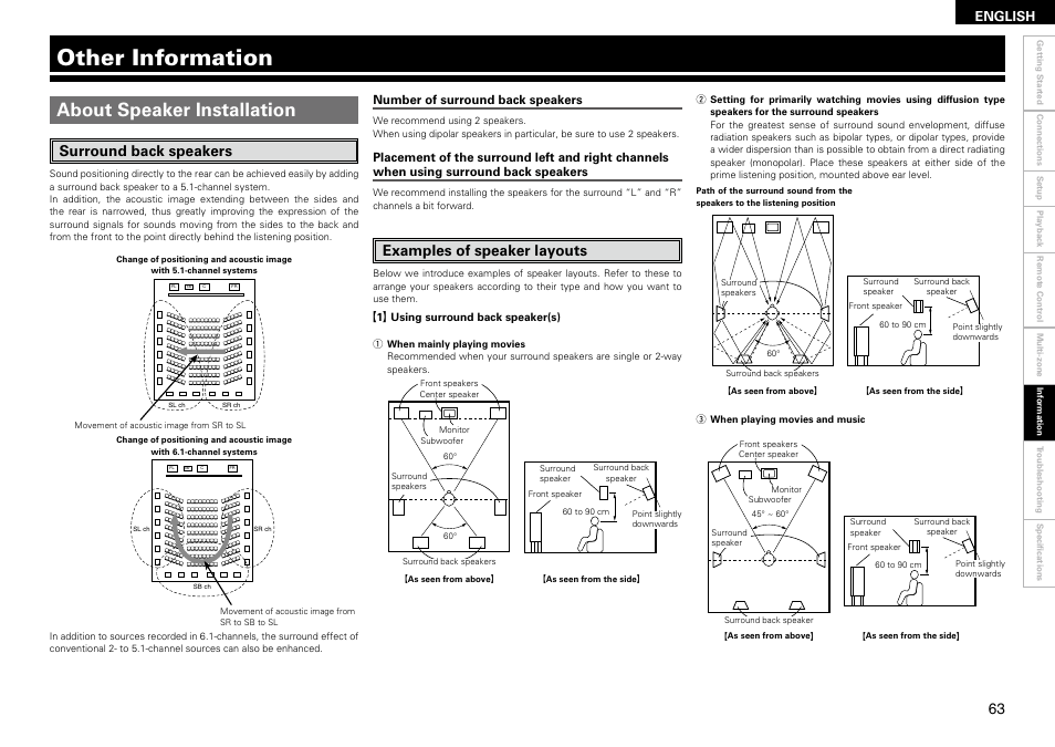 Other information, About speaker installation, Surround back speakers | Examples of speaker layouts, English, Number of surround back speakers | Denon AVR-2309 User Manual | Page 67 / 81