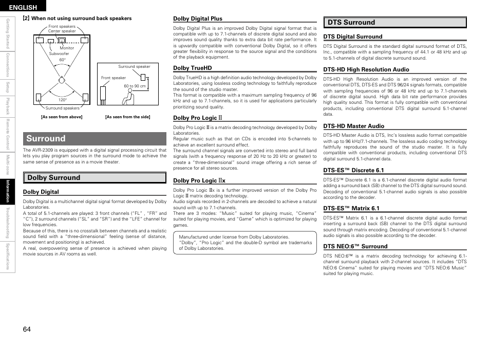 Surround, Dolby surround, Dts surround | Denon AVR-2309 User Manual | Page 68 / 81