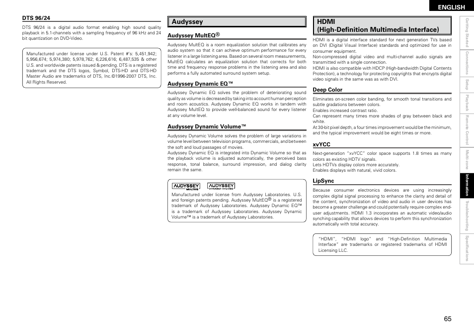 Audyssey, Hdmi (high-definition multimedia interface) | Denon AVR-2309 User Manual | Page 69 / 81