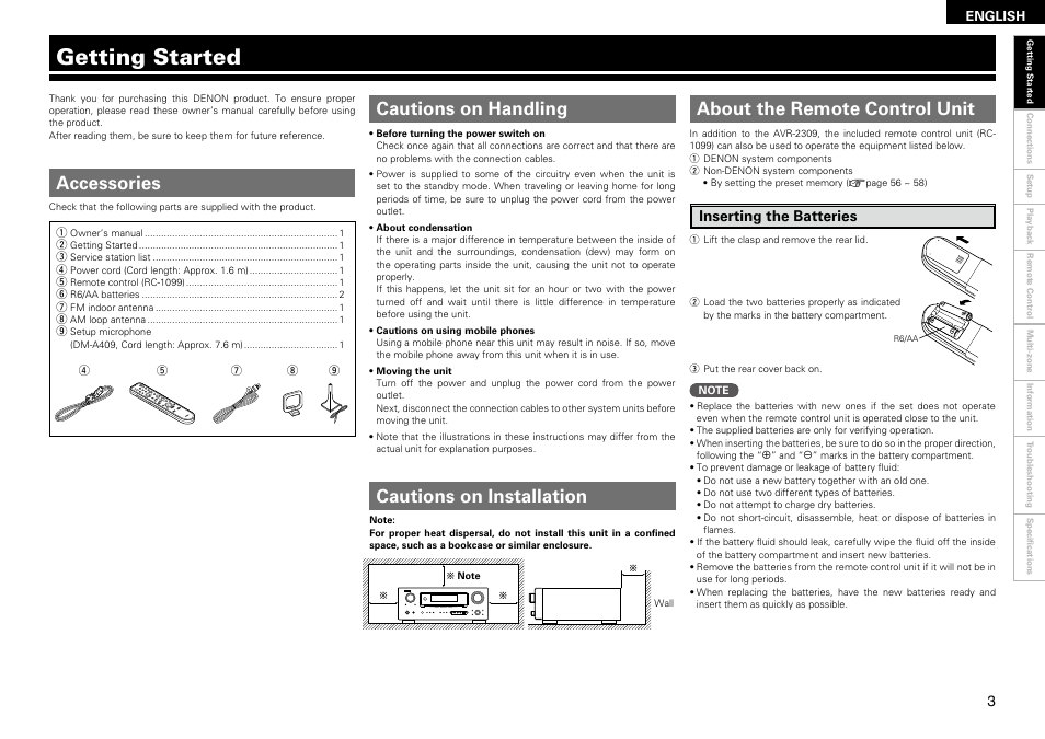 Getting started, Cautions on handling, Cautions on installation | About the remote control unit, Accessories, Inserting the batteries | Denon AVR-2309 User Manual | Page 7 / 81