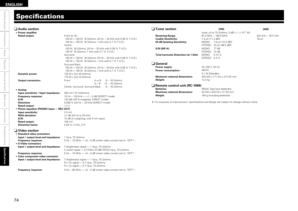 Specifications, English | Denon AVR-2309 User Manual | Page 78 / 81