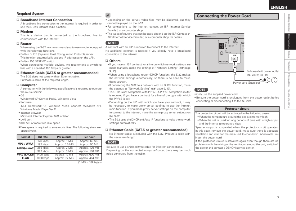 Connecting the power cord, English | Denon S-32 User Manual | Page 11 / 32