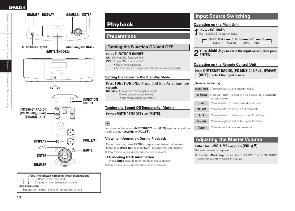 Playback, Preparations, Input source switching | Adjusting the master volume | Denon S-32 User Manual | Page 16 / 32