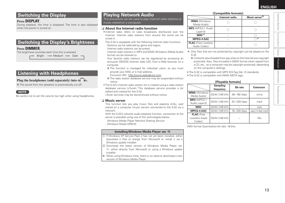 Switching the display’s brightness, Switching the display, Listening with headphones | Playing network audio, Dimmer, Display | Denon S-32 User Manual | Page 17 / 32