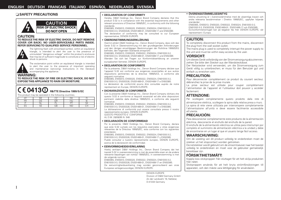 Caution, Vorsicht, Precaution | Attenzione, Precaución, Waarschuwing, Försiktihetsmått, Warning | Denon S-32 User Manual | Page 2 / 32