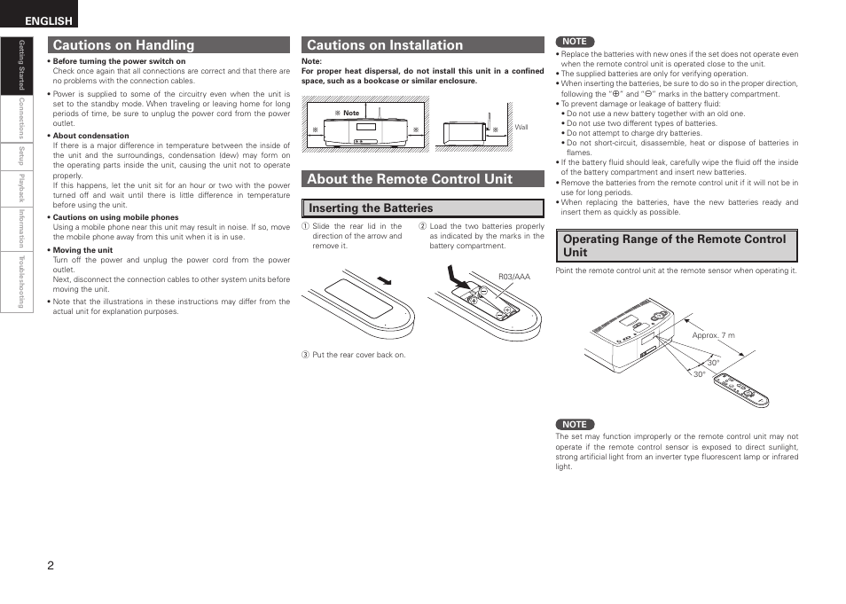 Cautions on handling, Cautions on installation, About the remote control unit | Inserting the batteries, Operating range of the remote control unit, English | Denon S-32 User Manual | Page 6 / 32