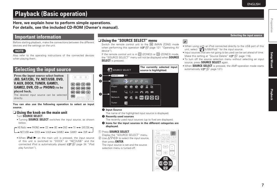 Playback (basic operation), Important information, Selecting the input source | Denon AVR-3312CI User Manual | Page 11 / 16