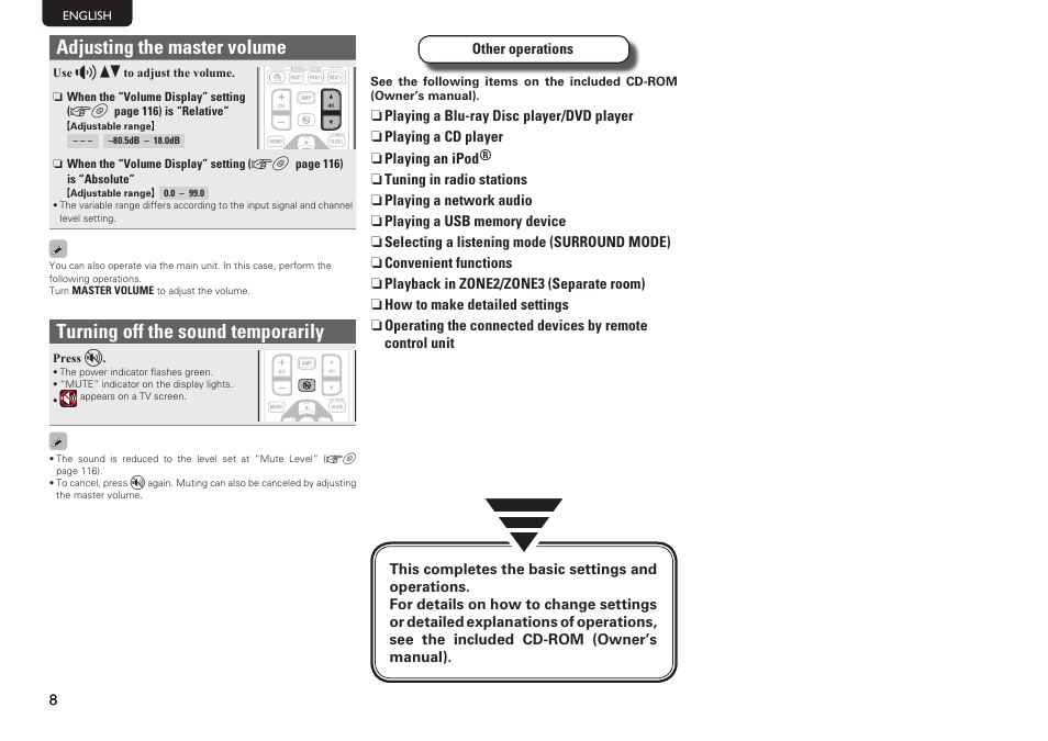 Adjusting the master volume, Turning off the sound temporarily | Denon AVR-3312CI User Manual | Page 12 / 16