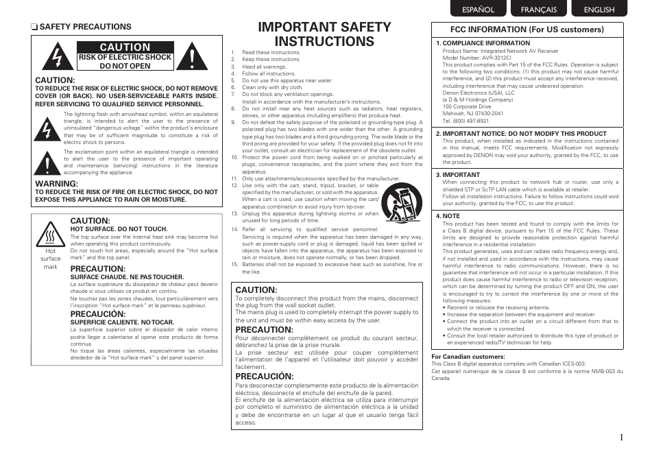 Important safety instructions, Caution | Denon AVR-3312CI User Manual | Page 3 / 16