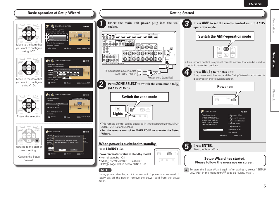 Basic operation of setup wizard, Getting started, Switch the zone mode j lights | Switch the amp-operation mode, Power on, When power is switched to standby, Zone select, Enter | Denon AVR-3312CI User Manual | Page 9 / 16