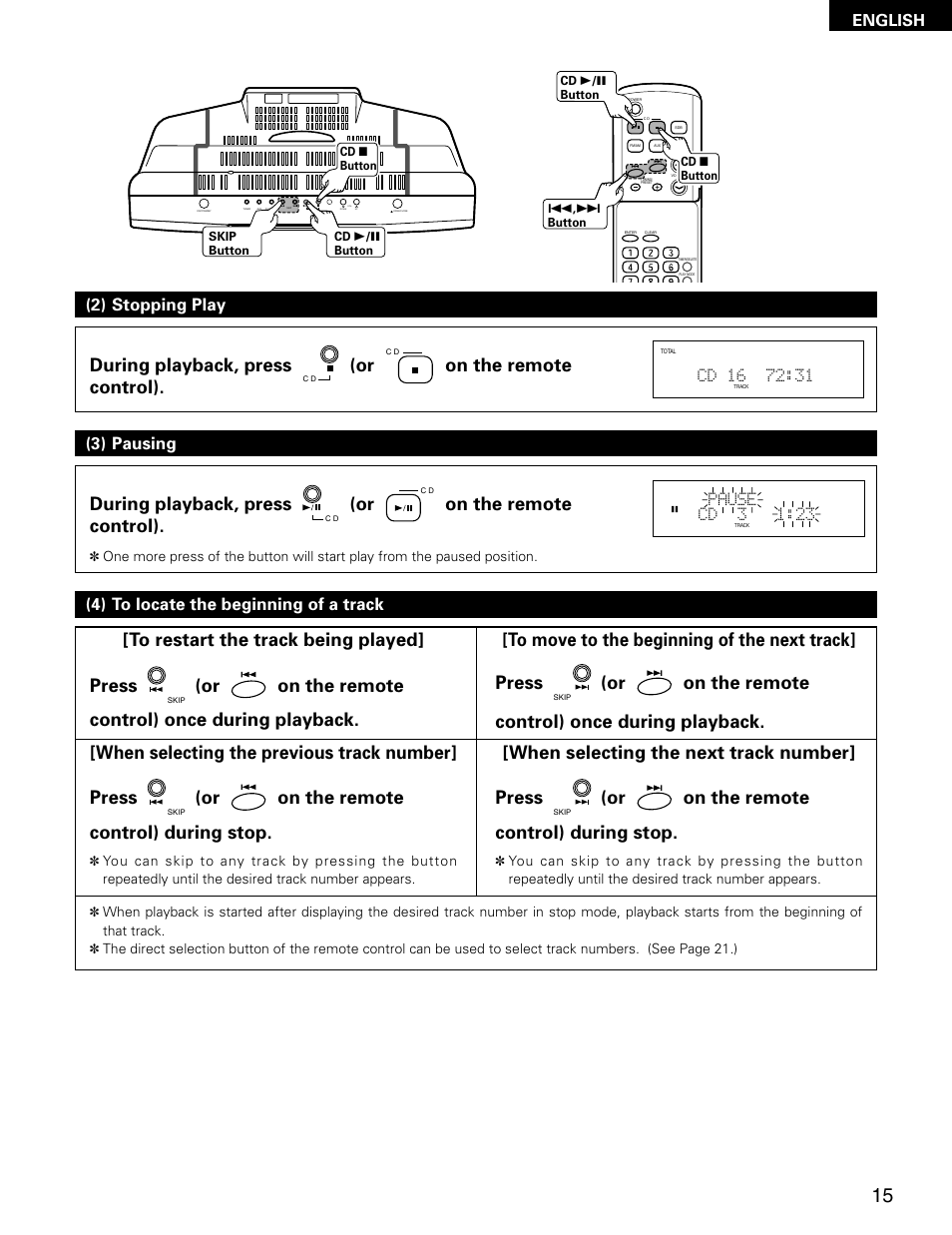 During playback, press (or on the remote control), 2) stopping play (3) pausing, 4) to locate the beginning of a track | English | Denon D-AJ03 User Manual | Page 15 / 73