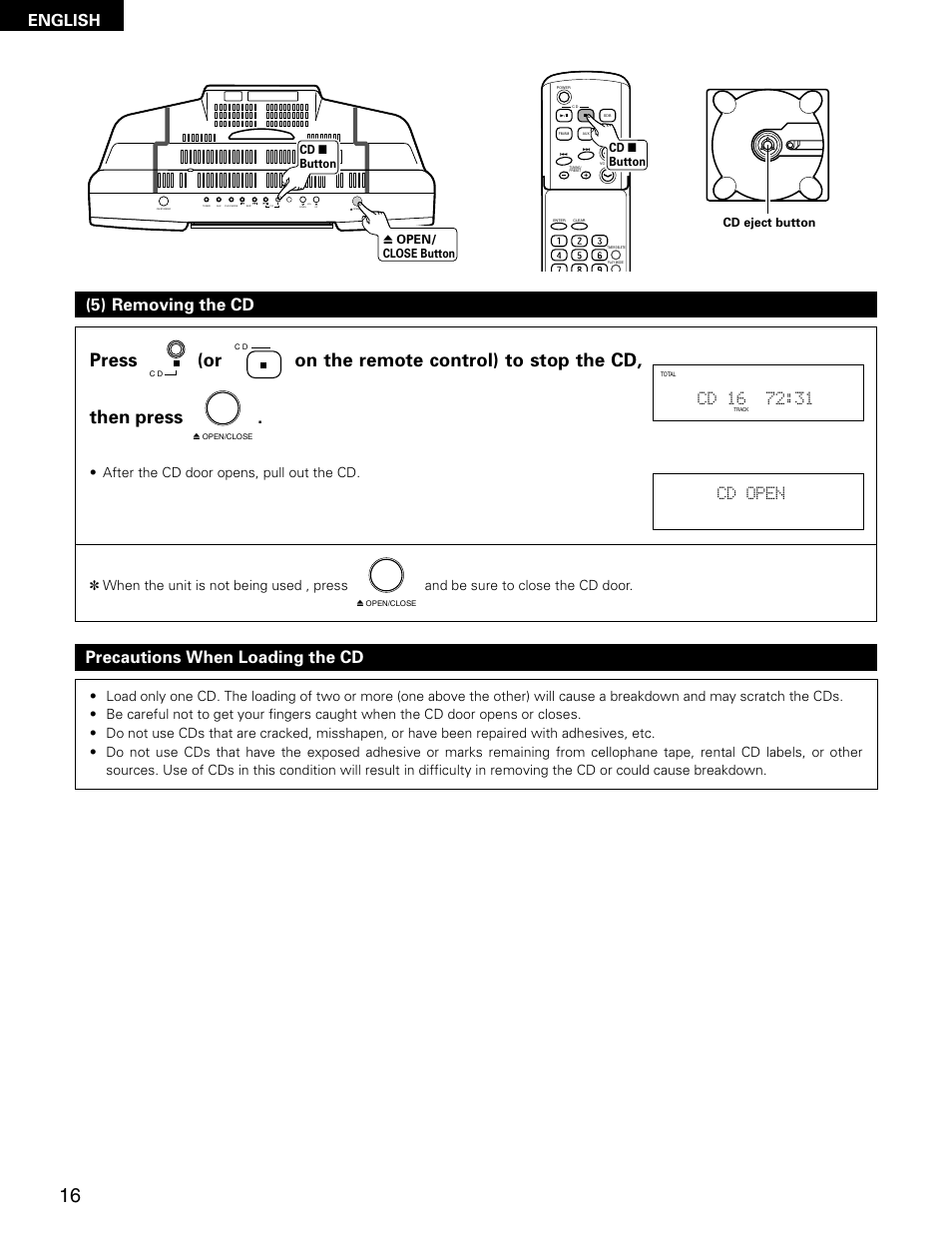 5) removing the cd precautions when loading the cd, English, Vol. up down | After the cd door opens, pull out the cd | Denon D-AJ03 User Manual | Page 16 / 73
