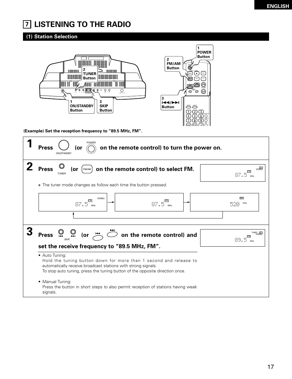 Listening to the radio, Press (or on the remote control) to select fm, 1) station selection | English | Denon D-AJ03 User Manual | Page 17 / 73