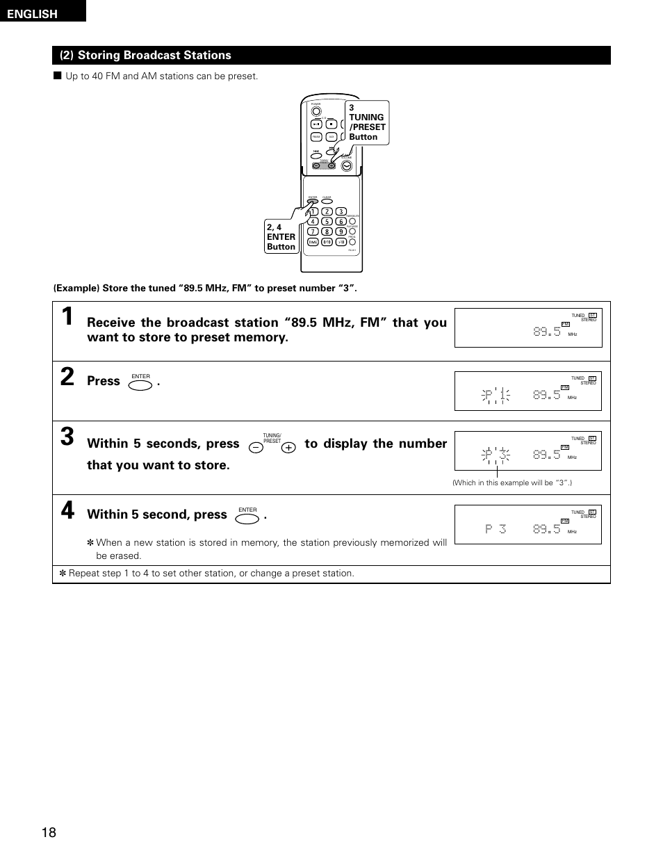 Press, Within 5 second, press, 2) storing broadcast stations | English, P 1 89.5, P 3 89.5 | Denon D-AJ03 User Manual | Page 18 / 73