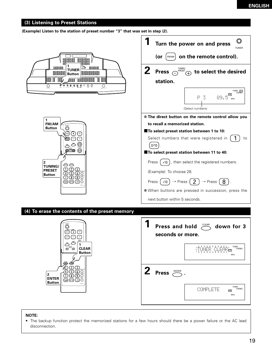 Press to select the desired station, Press and hold down for 3 seconds or more, Press | English, P 3 89.5, Tuner clear, Complete, Vol. up down | Denon D-AJ03 User Manual | Page 19 / 73
