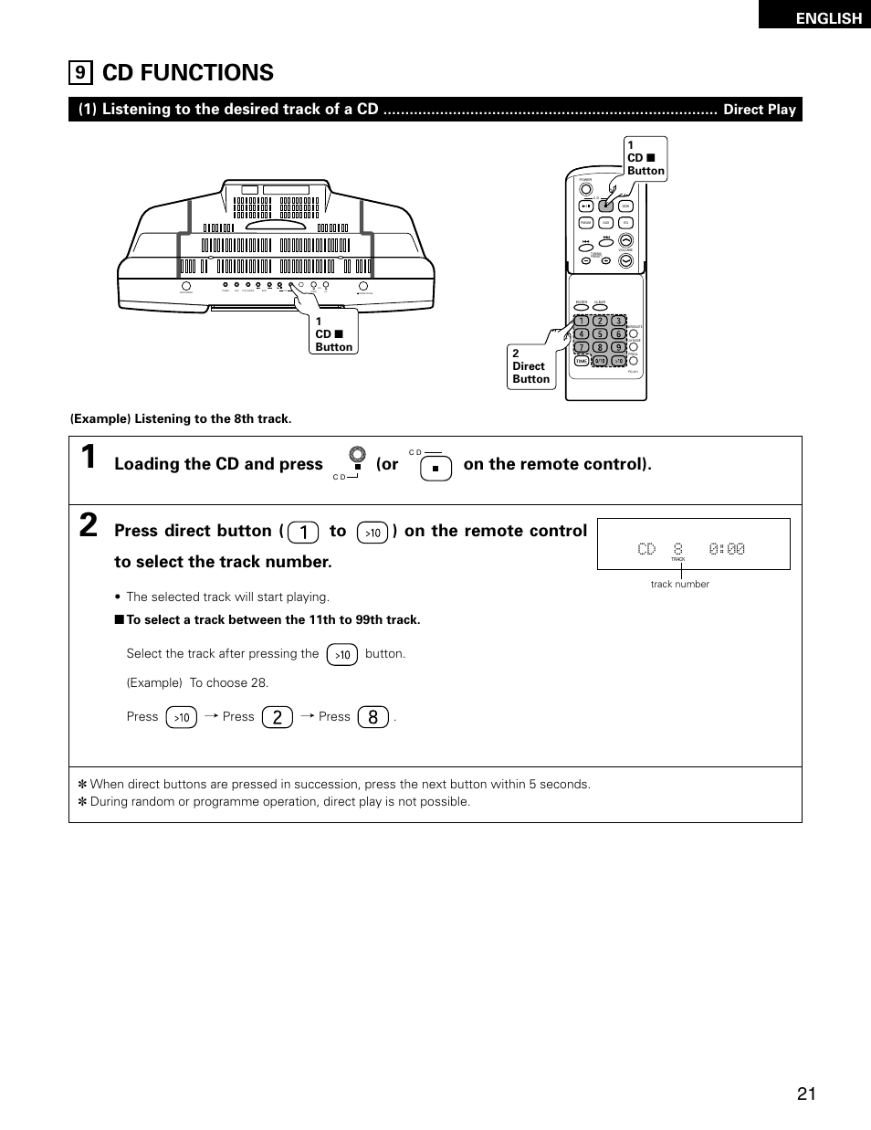 Cd functions, 1) listening to the desired track of a cd, English | Direct play, Cd 8 0:00 | Denon D-AJ03 User Manual | Page 21 / 73