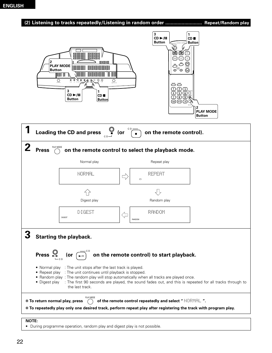 English, Repeat/random play, Normal repeat | Random, Digest | Denon D-AJ03 User Manual | Page 22 / 73