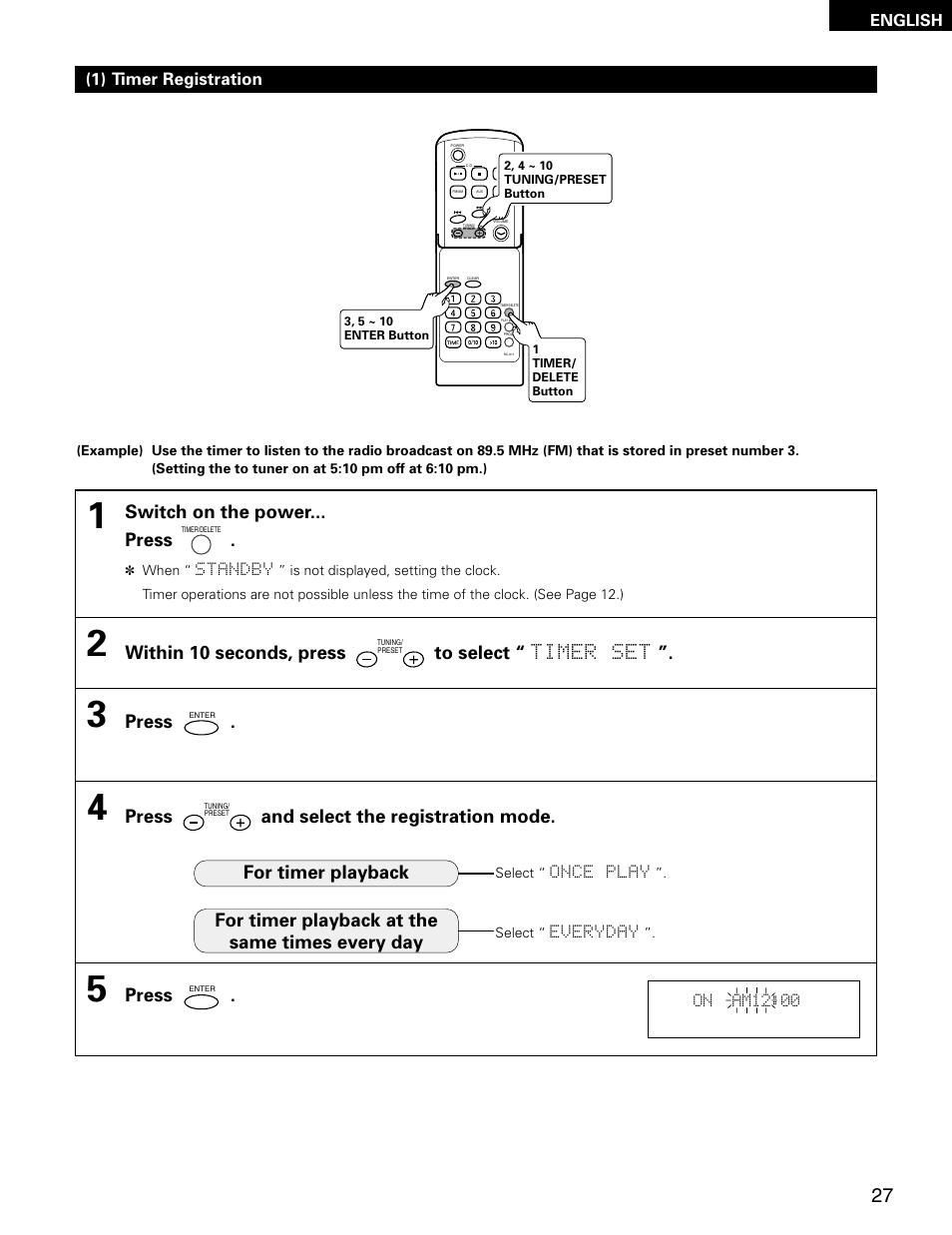 Switch on the power... press, Within 10 seconds, press to select “ timer set, Press | Press and select the registration mode | Denon D-AJ03 User Manual | Page 27 / 73