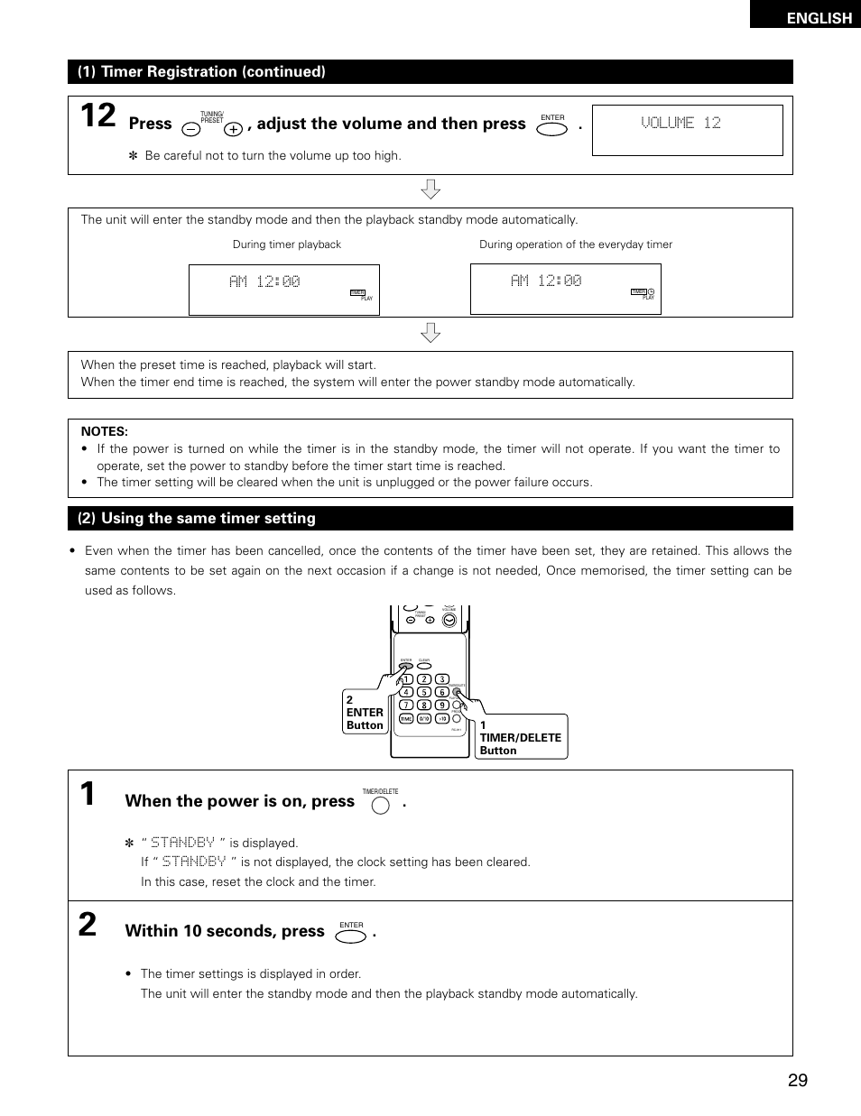 Press , adjust the volume and then press, When the power is on, press, Within 10 seconds, press | 1) timer registration (continued), 2) using the same timer setting | Denon D-AJ03 User Manual | Page 29 / 73