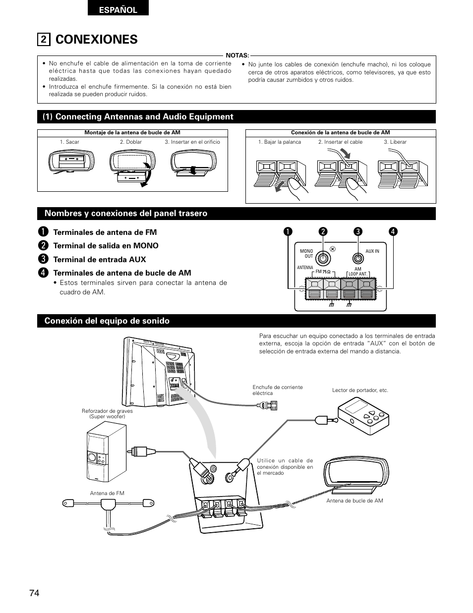 Conexiones, Wq e r, 1) connecting antennas and audio equipment | Denon D-AJ03 User Manual | Page 40 / 73