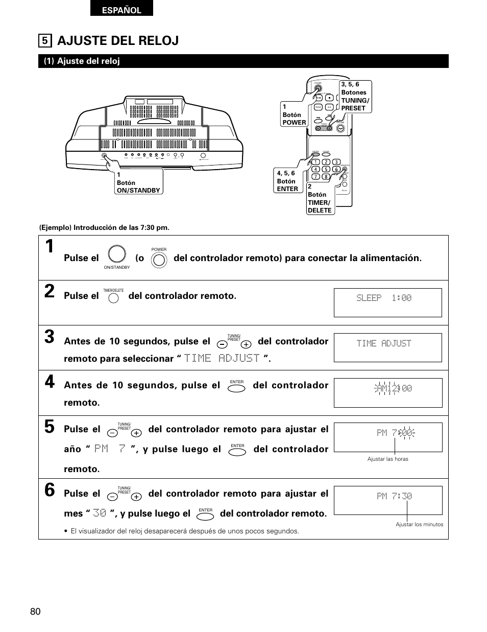 Ajuste del reloj, Pulse el del controlador remoto, 1) ajuste del reloj | Denon D-AJ03 User Manual | Page 46 / 73