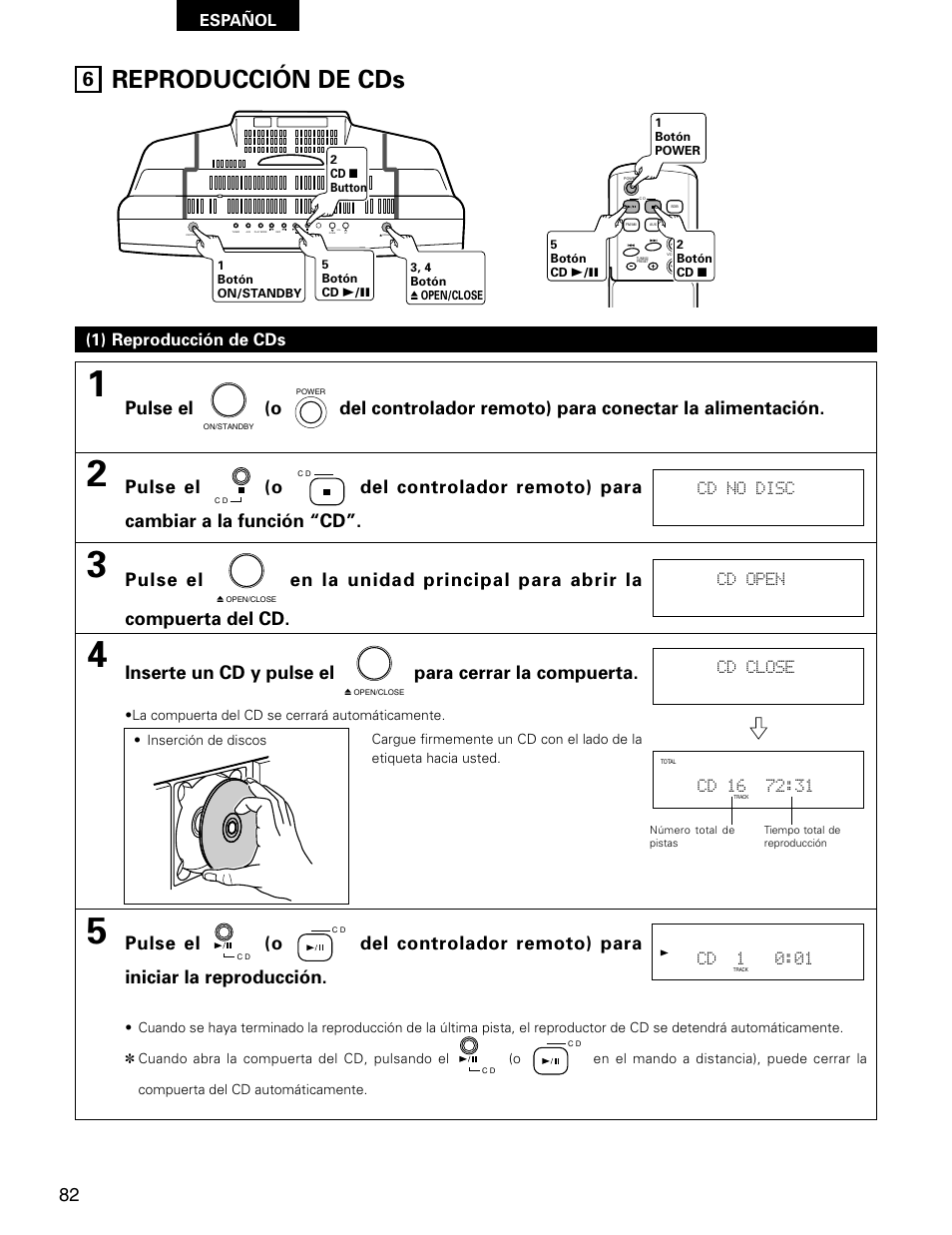 Reproducción de cds, Inserte un cd y pulse el para cerrar la compuerta, 1) reproducción de cds | Denon D-AJ03 User Manual | Page 48 / 73