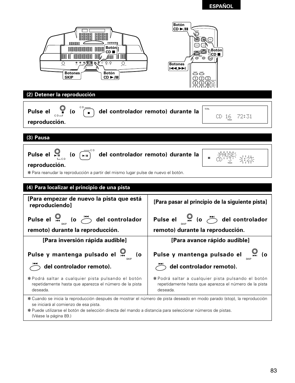 2) detener la reproducción (3) pausa, 4) para localizar el principio de una pista, Español | Denon D-AJ03 User Manual | Page 49 / 73