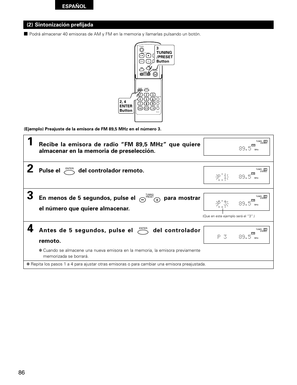 Pulse el del controlador remoto, 2) sintonización prefijada, Español | P 1 89.5, P 3 89.5 | Denon D-AJ03 User Manual | Page 52 / 73