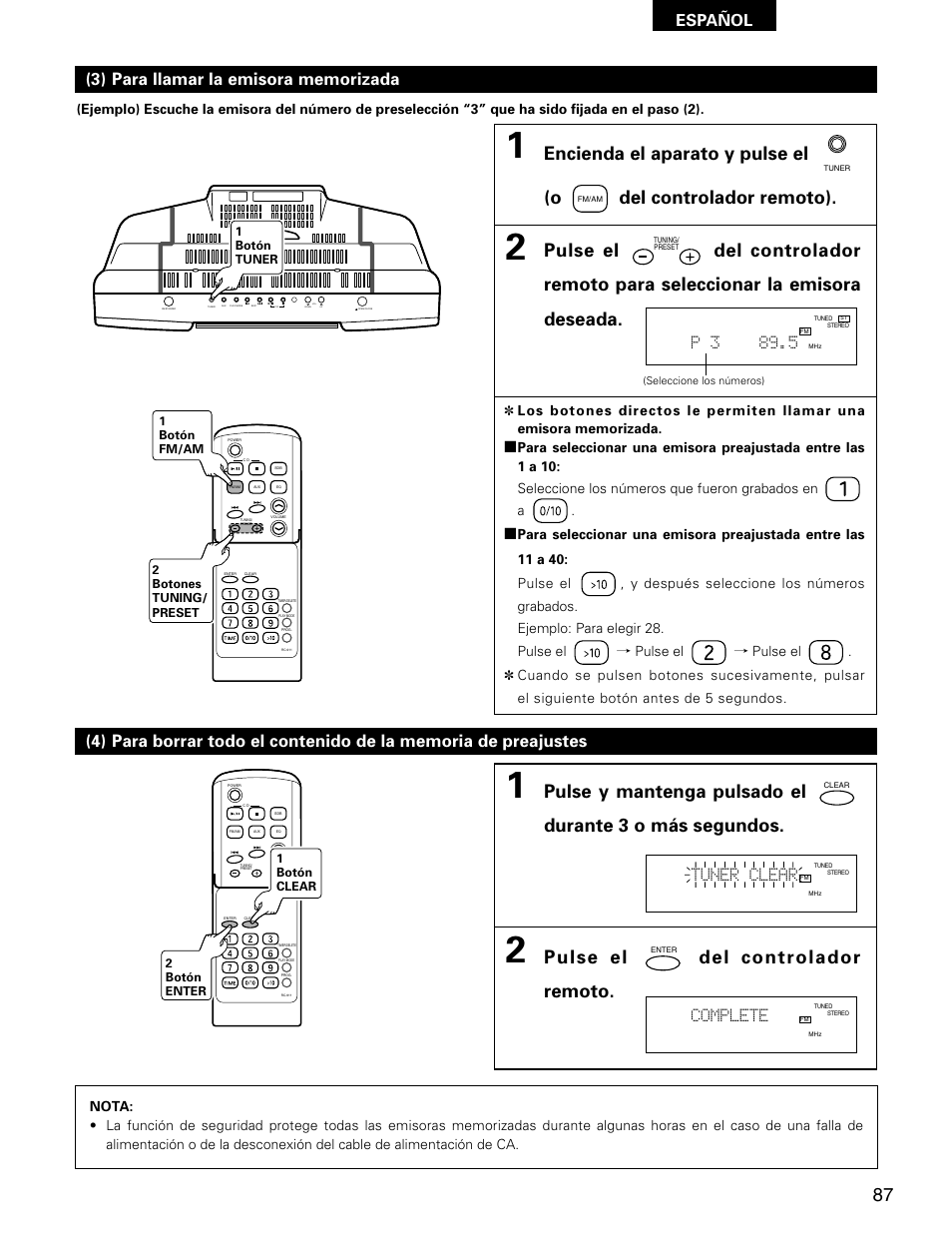 Pulse el del controlador remoto, Español, P 3 89.5 | Tuner clear, Complete, Vol. up down | Denon D-AJ03 User Manual | Page 53 / 73