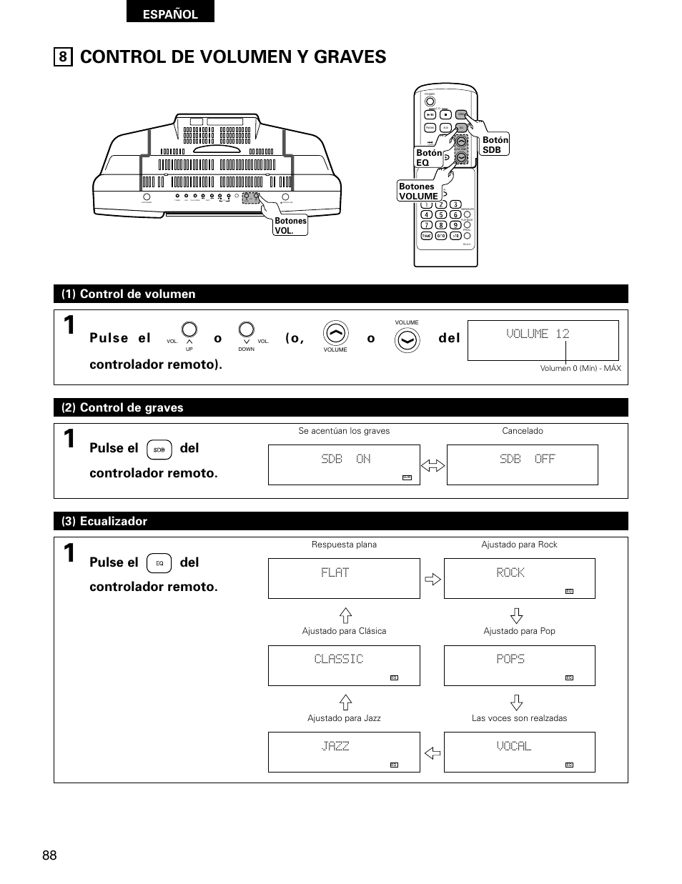 Control de volumen y graves, Pulse el o (o, o del controlador remoto), Pulse el del controlador remoto | Español, Volume 12, Sdb on, Sdb off, Flat, Classic, Jazz | Denon D-AJ03 User Manual | Page 54 / 73
