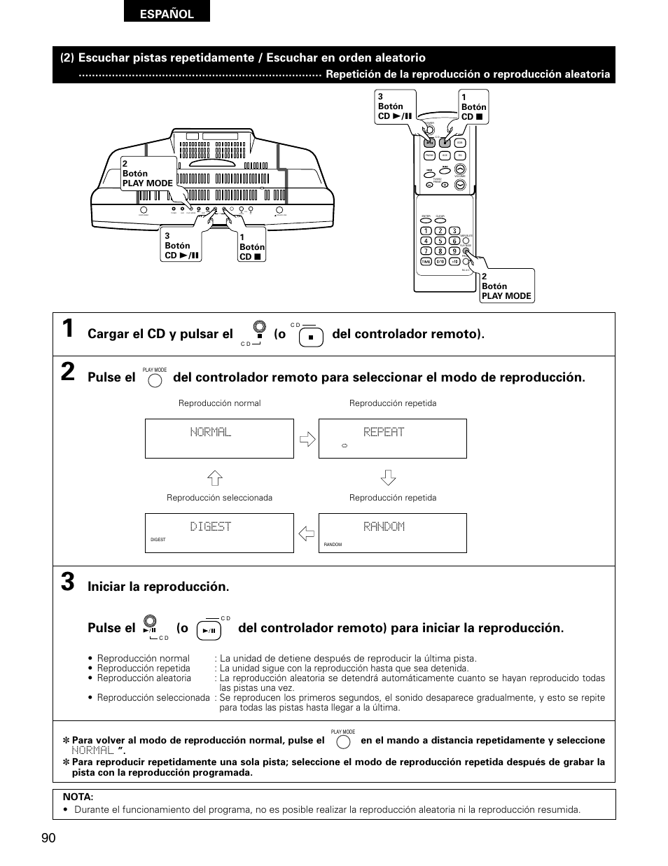 Español, Normal repeat, Random | Digest | Denon D-AJ03 User Manual | Page 56 / 73