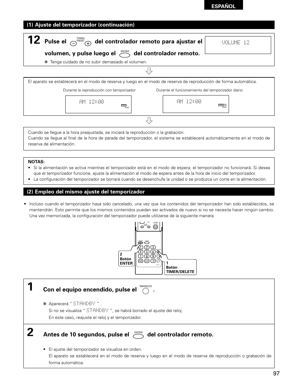 Con el equipo encendido, pulse el, 1) ajuste del temporizador (continuación), 2) empleo del mismo ajuste del temporizador | Denon D-AJ03 User Manual | Page 63 / 73