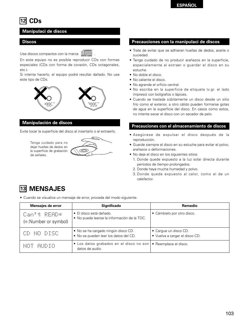 Mensajes | Denon D-AJ03 User Manual | Page 69 / 73