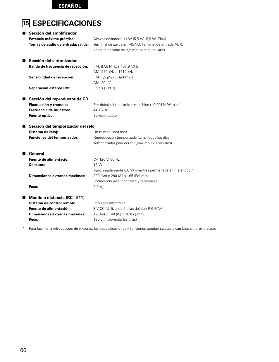 Especificaciones | Denon D-AJ03 User Manual | Page 72 / 73